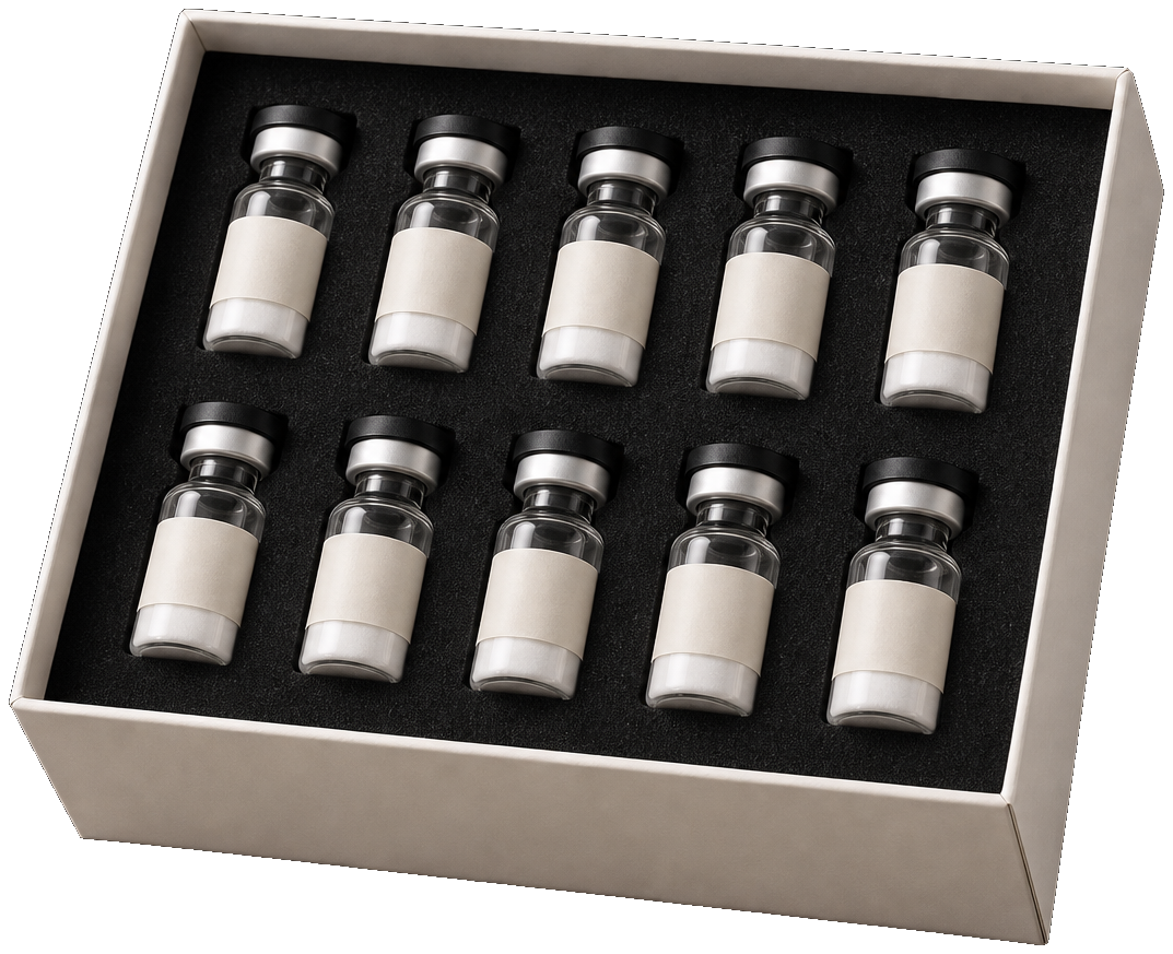 A carton of ten sealed glass vials nestled in foam — by the box, label-ready for the buyer to apply their own label.